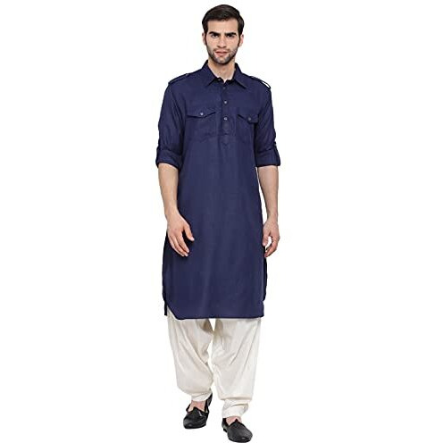 Vastramay Men's Blue Cotton Blend Pathani Kurta & Patiala Set_Vasmpt003Bunptycr_40