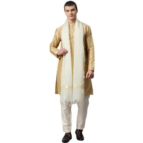 Weavers Villa Poly Silk Cream Striped Ethnic Woven Dupatta For Men (2.20 Mtrs)
