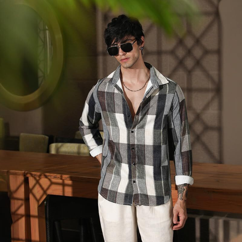 Campus Sutra Men's Multicolour Woven-Block Oversized Shirt For Casual Wear | Spread Collar | Long Sleeve | Button Closure | Oversized Shirt Crafted With Comfort Fit For Everyday Wear