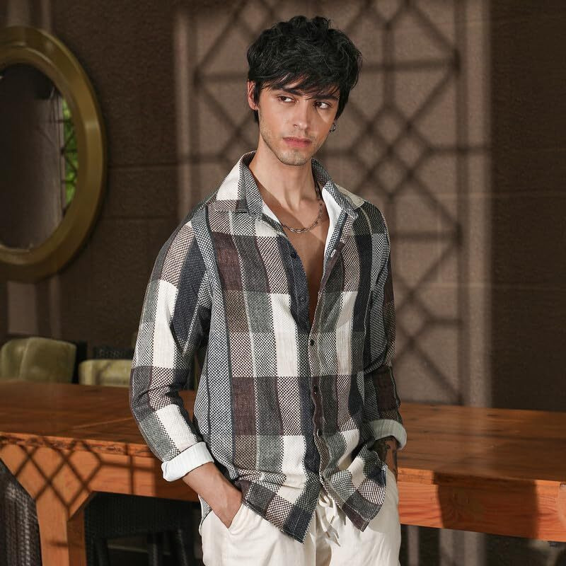Campus Sutra Men's Multicolour Woven-Block Oversized Shirt For Casual Wear | Spread Collar | Long Sleeve | Button Closure | Oversized Shirt Crafted With Comfort Fit For Everyday Wear