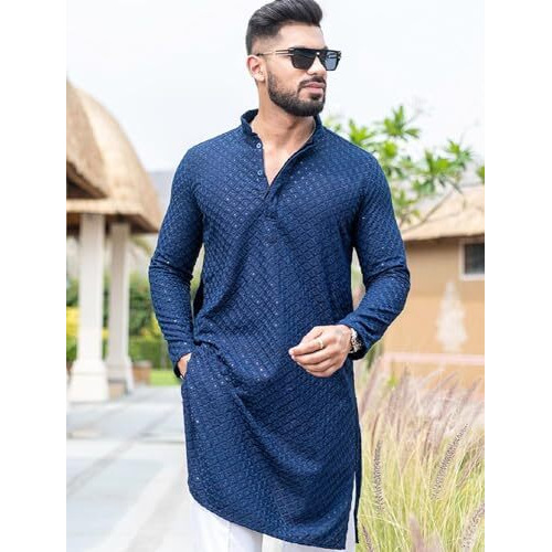 Lazzly Men's Cotton Embroidery Chikankari Design Mirror Work Straight For Men Only Kurta (Large, Blue)