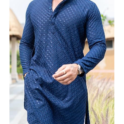 Lazzly Men's Cotton Embroidery Chikankari Design Mirror Work Straight For Men Only Kurta (Large, Blue)