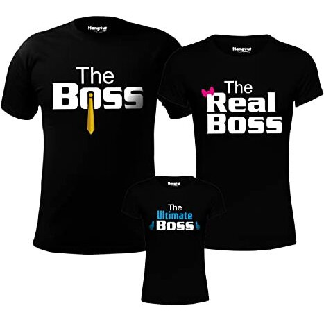 Hangout Hub Hh100 Men's Women's & Boy's Round Neck T Shirt The Boss The Real Boss (BlackMen XxlWomen XxlBoys 0-2 Yrs) Set Of 3 Family T-Shirts