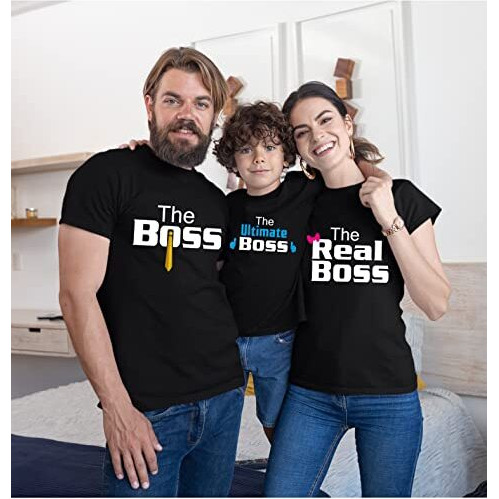 Hangout Hub Hh100 Men's Women's & Boy's Round Neck T Shirt The Boss The Real Boss (BlackMen XxlWomen XxlBoys 0-2 Yrs) Set Of 3 Family T-Shirts