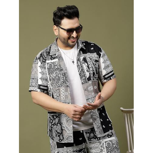 Rigo Printed Co-Ord Set For Men's | Casual Plus Size Shirt & Shorts Night Suit Set | Lounge-Wear Nightdress Pajama Set For Men's | Night Wear, Beach Wear, Vacation Wear Outfit Black