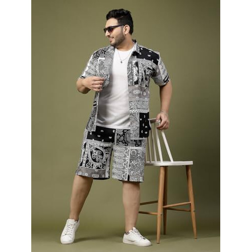 Rigo Printed Co-Ord Set For Men's | Casual Plus Size Shirt & Shorts Night Suit Set | Lounge-Wear Nightdress Pajama Set For Men's | Night Wear, Beach Wear, Vacation Wear Outfit Black