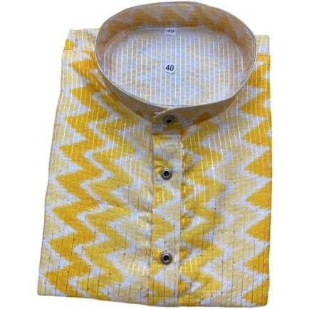 Lazzly Men's Cotton Kurta, Ethnic Printed Kurta For Perfect Ethnic Look, Stand Collar Long Sleeve Kurta, Casual Printed Kurta, Regular Long Kurta (Medium, 07 Yellow Zikzak)