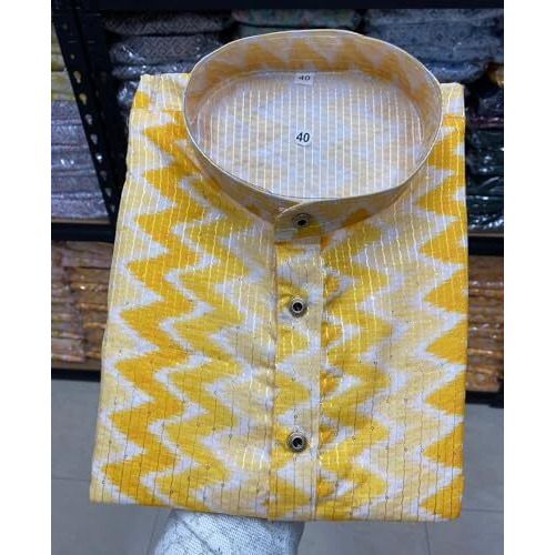 Lazzly Men's Cotton Kurta, Ethnic Printed Kurta For Perfect Ethnic Look, Stand Collar Long Sleeve Kurta, Casual Printed Kurta, Regular Long Kurta (Medium, 07 Yellow Zikzak)