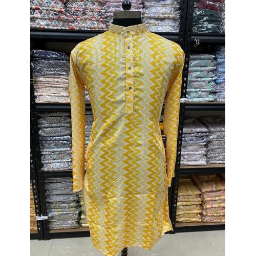 Lazzly Men's Cotton Kurta, Ethnic Printed Kurta For Perfect Ethnic Look, Stand Collar Long Sleeve Kurta, Casual Printed Kurta, Regular Long Kurta (Medium, 07 Yellow Zikzak)