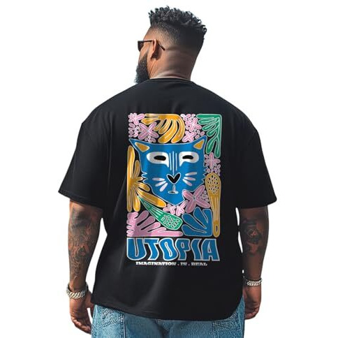 Veirdo 100% Pure Cotton Oversized Baggy Fit Drop Shoulder Cool Back Graphic Printed T-Shirt For Men (Vd_Ps_Utopia_Bl_5Xl)