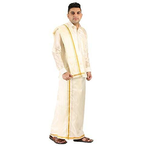Prakasam Cotton Mens Silk Look Full Sleeve Regular Fit Shirt + Double Layer 8 Mulam Dhoti(Free Size) + Single Towel (Cream, 40)