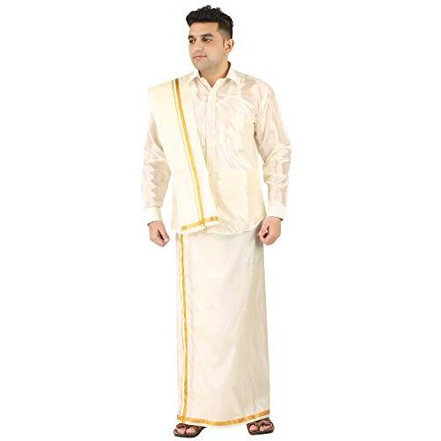 Prakasam Cotton Mens Silk Look Full Sleeve Regular Fit Shirt + Double Layer 8 Mulam Dhoti(Free Size) + Single Towel (Cream, 40)