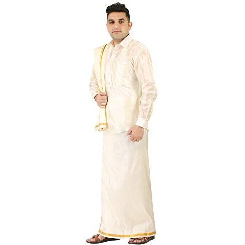 Prakasam Cotton Mens Silk Look Full Sleeve Regular Fit Shirt + Double Layer 8 Mulam Dhoti(Free Size) + Single Towel (Cream, 40)