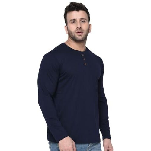London Hills Men's Regular Fit T-Shirt (Lh_T_504_Nblu_F_R_3Btn_Size.L_Blue_Large)