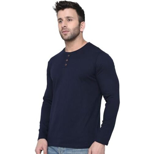 London Hills Men's Regular Fit T-Shirt (Lh_T_504_Nblu_F_R_3Btn_Size.L_Blue_Large)