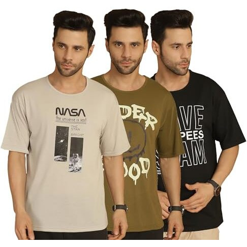 Mack Jonney Printed Multicolor Round Neck Cotton Half Sleeves Tshirt For Men(Pack Of 3)-Mack635070