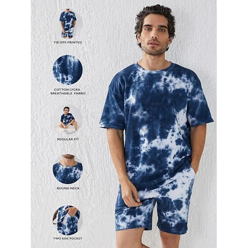 Zombom Men's Co Ord Set || Poly Lycra Printed Night Dress For Men || Sleepwear Pajama Set For Men || Casual Home Wear Set || Shorts Pajamas Set || Night Suit For Adults (L, Blue)