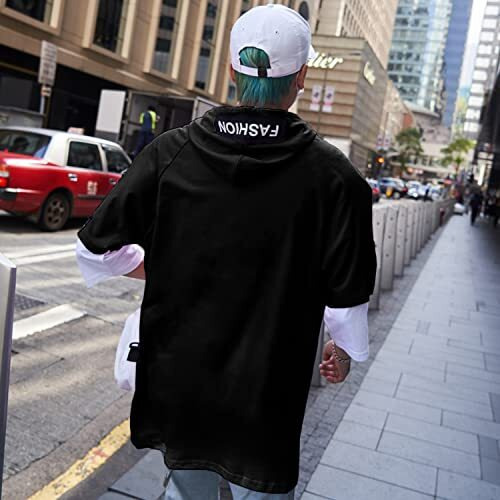 London Hills Printed Oversized Cotton Blend Hoodies For Men | Hooded Neck Half Sleeve Oversized Loose Fit Tshirt For Men Black (Medium).