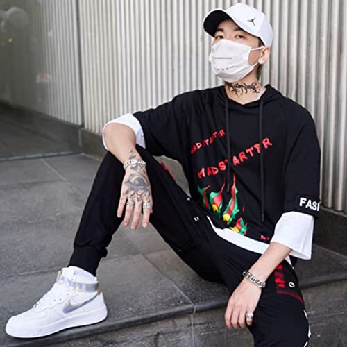 London Hills Printed Oversized Cotton Blend Hoodies For Men | Hooded Neck Half Sleeve Oversized Loose Fit Tshirt For Men Black (Medium).
