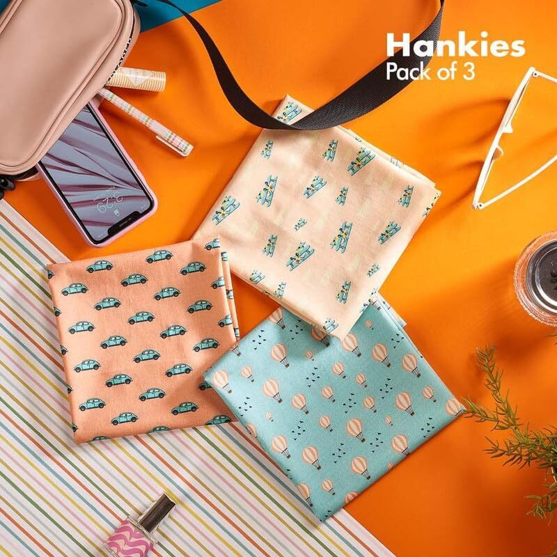 Hexafun Men's 100% Organic Premium Pastel Colored Purecotton Handkerchiefs Printed Stylish Large Size (Pack Of 3)