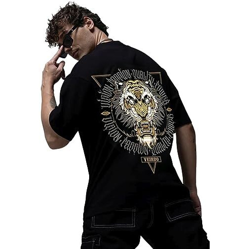 Veirdo Pure Cotton Oversized Loose Fit Half Sleeves Back Graphic Printed Black Round Neck T-Shirt For Men (Vd_Os_Tiger_788_Bl_Xxl)
