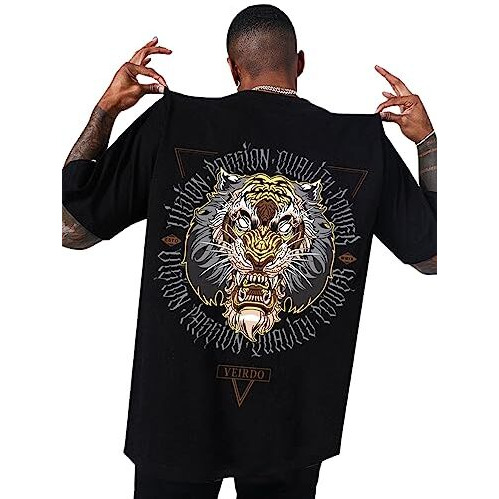 Veirdo Pure Cotton Oversized Loose Fit Half Sleeves Back Graphic Printed Black Round Neck T-Shirt For Men (Vd_Os_Tiger_788_Bl_Xxl)