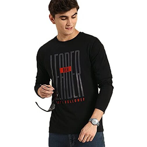 Bewakoof Men's Cotton Printed Leaderblack Full Sleeves | Round Neck | Regular Fit T-Shirt/Tee- 566451, Black 01, S