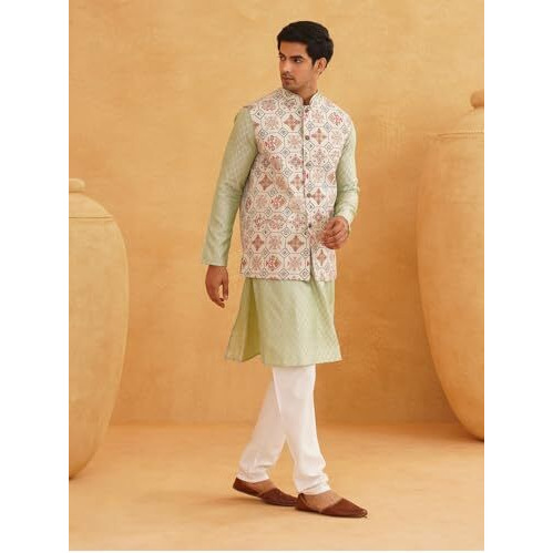 Sojanya (Since 1958 Men's Silk Blend Self Design Pista Green Kurta With Pyjama & Cream Nehru Jacket
