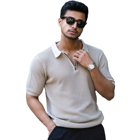 Maniac Mens Resort Textured Beige Half Zipper Polo Neck Half Sleeve Cotton Tshirt
