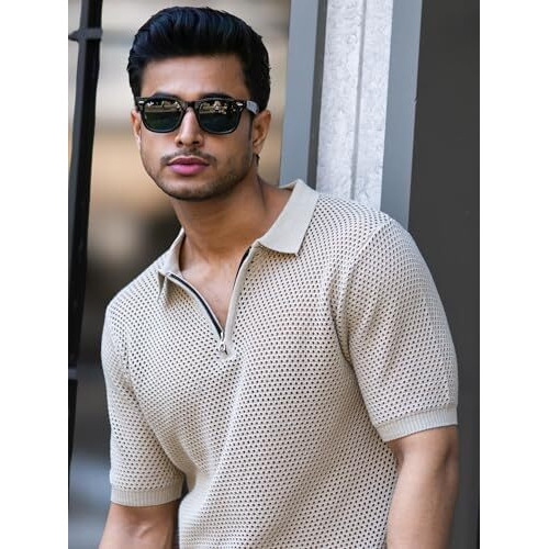 Maniac Mens Resort Textured Beige Half Zipper Polo Neck Half Sleeve Cotton Tshirt