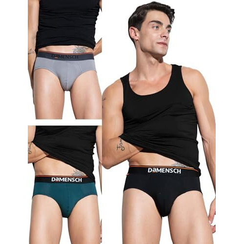 Damensch Men's Deo-Cotton Deodorizing Brief- Pack Of 3- Iris Blue, Dessert Grey, Sweet Black- Medium
