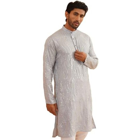 Sojanya (Since 1958 Men's Embroidered Sequinned Cotton Grey Long Kurta