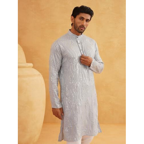 Sojanya (Since 1958 Men's Embroidered Sequinned Cotton Grey Long Kurta