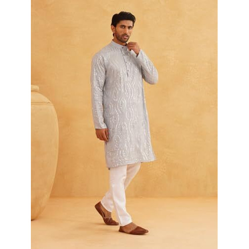 Sojanya (Since 1958 Men's Embroidered Sequinned Cotton Grey Long Kurta