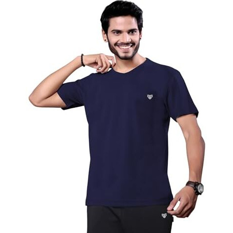 Flapfit Solid Regular Fit Premium Spandex Fabric T-Shirts For Men_Navy Blue