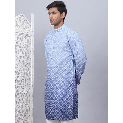 Jompers Blue Men's Ombre Pure Cotton Straight Kurta (Blue, L)