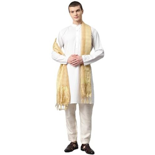 Weavers Villa Poly Silk Beige Ethnic Woven Striped Dupatta For Men (2.20 Mtrs)