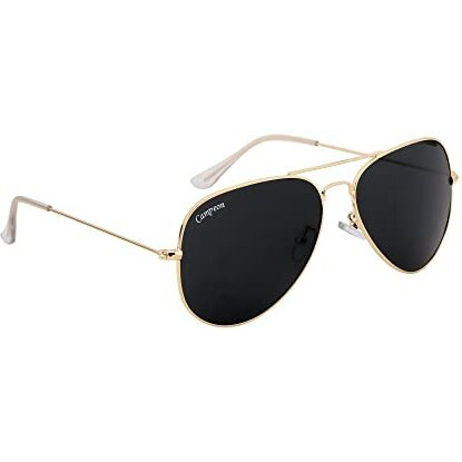 Campeon Unisex Uv Protected Aviator Sunglasses | Golden Stainless Steel Frame | Black Glass Lenses | Lightweight & Durable | Anti-Allergic | Perfect Fit For Men & Women | Includes Stylish Case