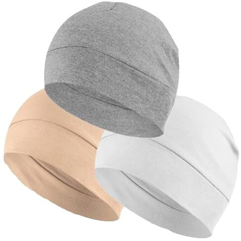 Paropkar 3 Pieces Cotton Skull Caps, Lightweight Breathable Skull Beanie Sleep Cap Helmet Liner For Men Women (Beige White Milange Light Grey)