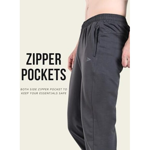 Fitinc 100% Cotton Regular Fit Zip Pocket Joggers For Men With Cuffed Ankles | Versatile Super Soft Travel Joggers For Lounging  Charcoal, X-Large