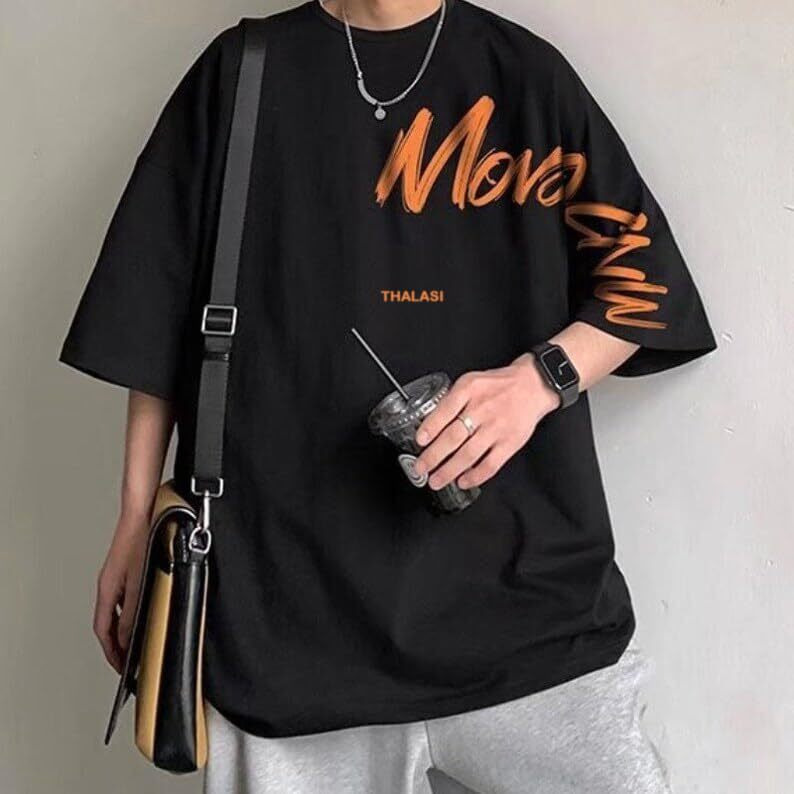 Thalasi Aesthetic Korean Style Blue Oversized T Shirts For Men - Baggy Fit T-Shirts With Down Shoulder And Half Sleeves & Branded Cotton Anime T Shirts For Men
