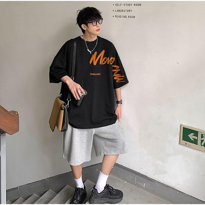 Thalasi Aesthetic Korean Style Blue Oversized T Shirts For Men - Baggy Fit T-Shirts With Down Shoulder And Half Sleeves & Branded Cotton Anime T Shirts For Men