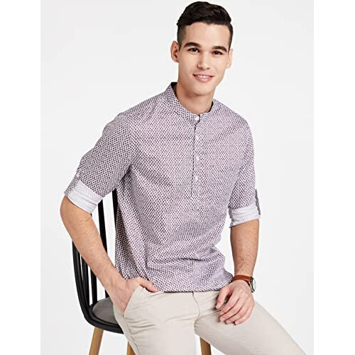 Amazon Brand - Symbol Men's Cotton Printed Kurta(Short) (Symethskur-8_White & Maroon_2X-Large)