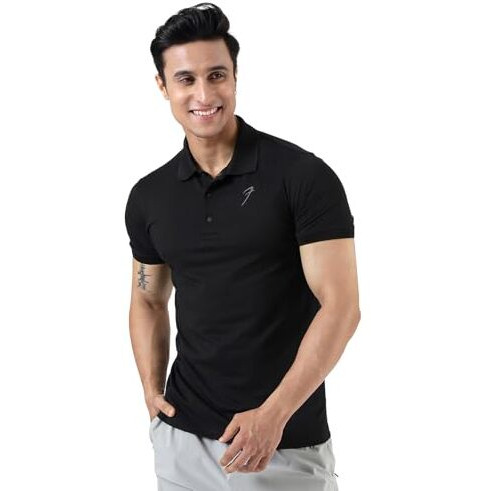 Men's Solid Polo Slim Fit Sports And Gym T-Shirt (Black, L)