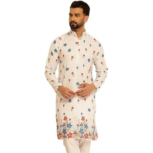 Sojanya (Since 1958 Men's Cotton Daman Print White Long Kurta With Krochet Embroidery