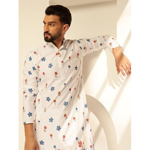 Sojanya (Since 1958 Men's Cotton Daman Print White Long Kurta With Krochet Embroidery