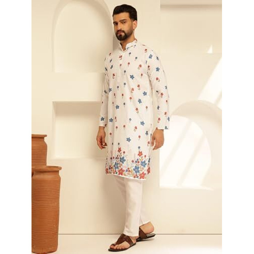 Sojanya (Since 1958 Men's Cotton Daman Print White Long Kurta With Krochet Embroidery