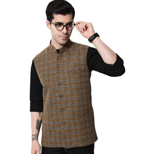 Vastraa Fusion Men's Pure Wool Export-Quality Indian Traditional Nehru Jacket/Woolen Jacket For Men (Vs4402_Brown-Check_44)