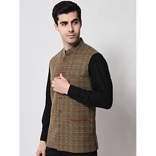 Vastraa Fusion Men's Pure Wool Export-Quality Indian Traditional Nehru Jacket/Woolen Jacket For Men (Vs4402_Brown-Check_44)