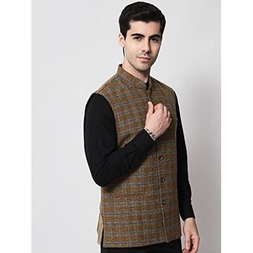 Vastraa Fusion Men's Pure Wool Export-Quality Indian Traditional Nehru Jacket/Woolen Jacket For Men (Vs4402_Brown-Check_44)